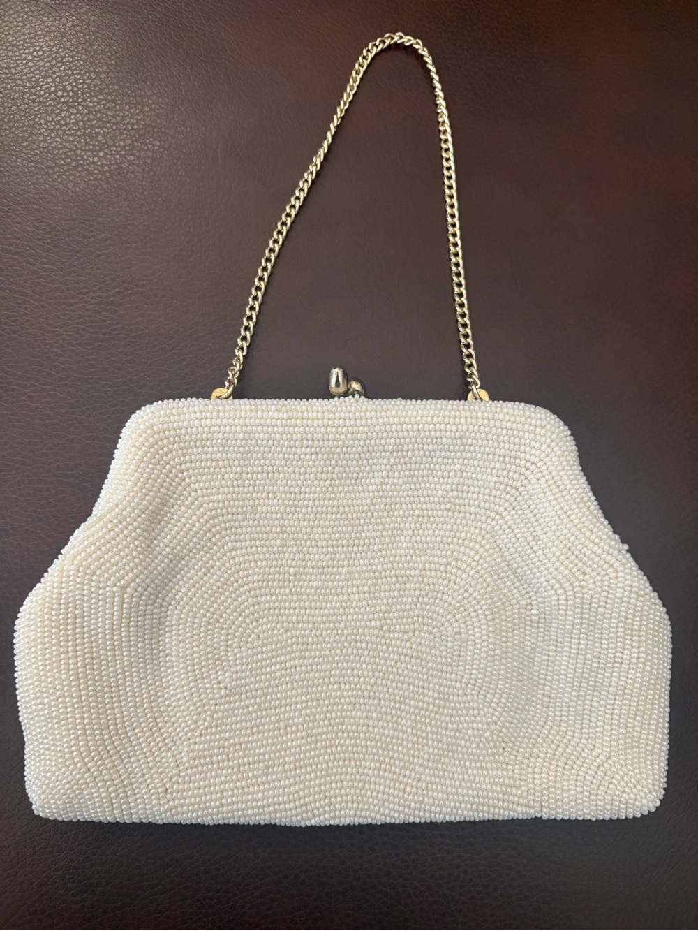 Vintage Ivory Beaded Floral Evening Clutch with Gold Chain - Picture 3 of 5